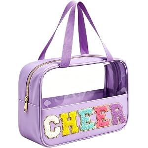 Cheer Makeup Bag, Cheerleader Gifts for Team, Chenille Letter Patch Clear Cosmetic Bag with Handle and Zipper, Waterproof Nyl