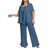 OYOANGLE Women's Plus Size Pajama Set Floral Short Sleeve Sleepwear Ruffle Pants 2 Piece Pjs Lounge Set