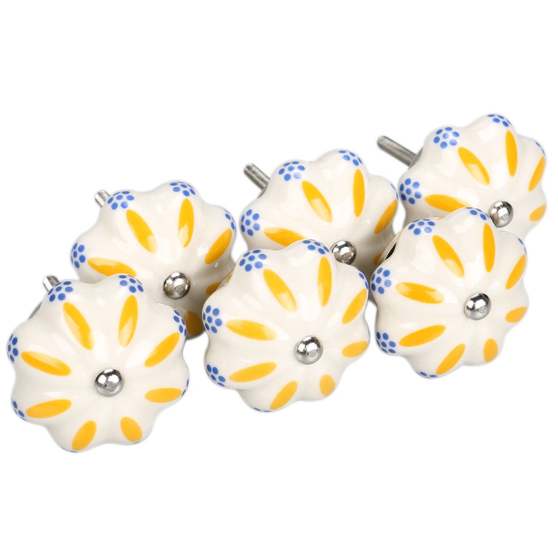 Sourcingmap 6 Pieces Vintage Shabby Knobs Blue and White Floral Hand Painted Ceramic Pumpkin Cupboard Wardrobe Cabinet Drawer Door Handles Pulls Knob, Gazania