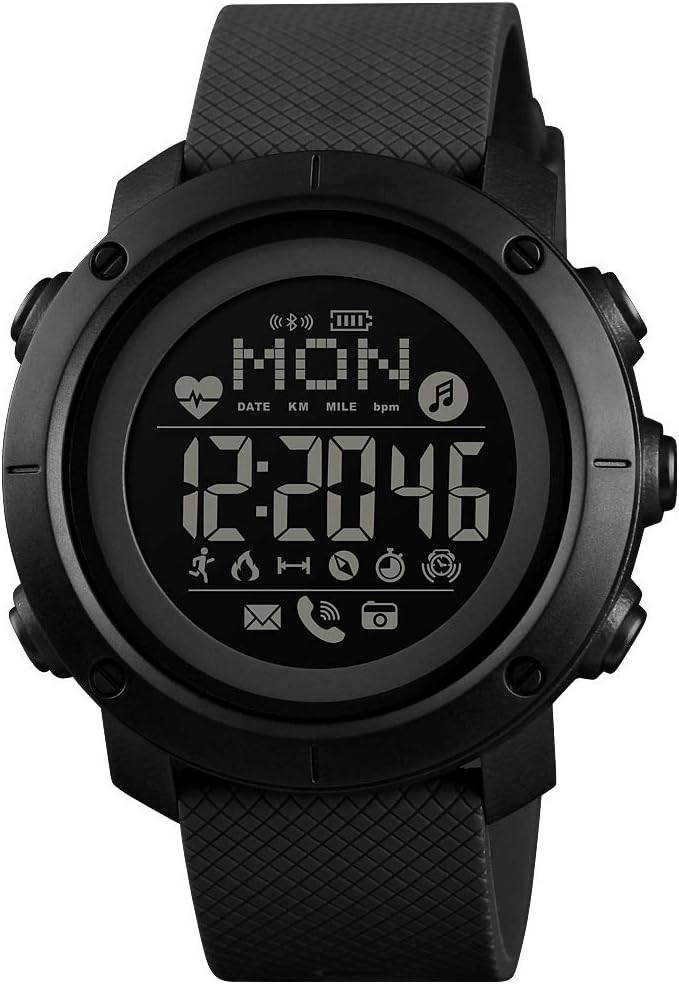 Tonnier Smart Watch Compass Pedometer Bluetooth LED Display Heart Rate Calories Clock for iOS and Android with Silicone Band Black Matte case