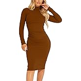 Kaximil Women's Ribbed Basic Casual Midi Dress Long Sleeve Bodycon Ruched Club Dresses