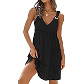 GUNEST Womens Dresses V Neck Sleeveless Spaghetti Strap with O Ring A Line Tiered Smocked Casual Flowy 2025 Beach Mini Dress