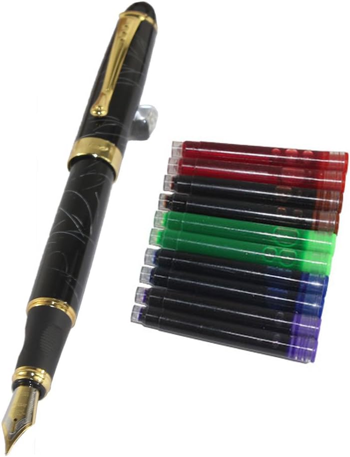 Jinhao 450 Normal Nib Fountain Pen White line with 5 Color Gullor Ink Cartridges