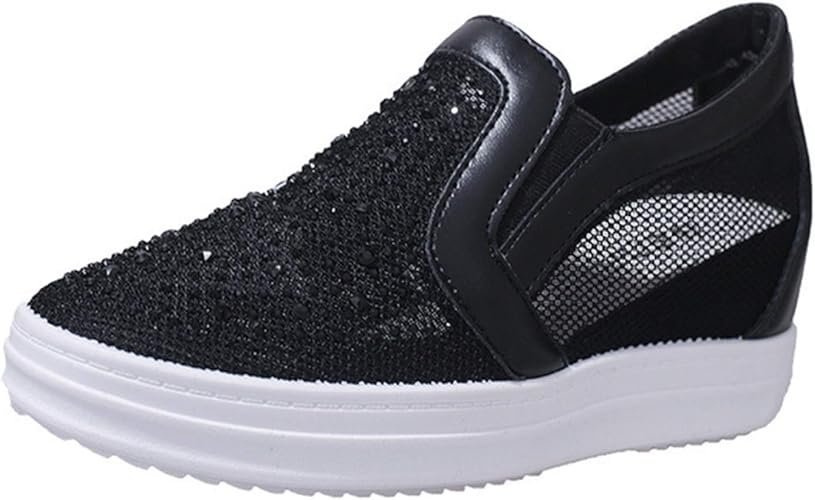 Amazon ブウケ レディース ラインストーン スリッポン カジュアルシューズ スニーカー ウェッジソール 黒 白 痛くない 歩きやすい メッシュ ローカット 履きやすい カジュアル インヒールスニーカー インヒールスリッポン ローファー スリッポン