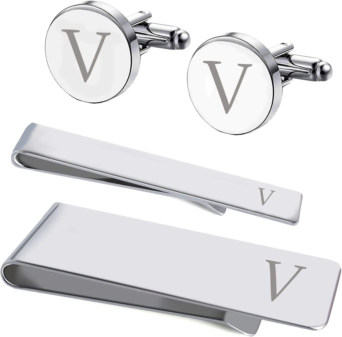 4PC Cufflinks Tie Bar Money Clip Button Shirt Personalized Initials Alphabet A-Z Gift Set