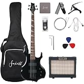 Fojill Full Size 4 Four String Electric Bass Guitar 10W Battery Power Bluetooth Amplifier Amp Beginner Starter Kit Set Combo Bundle Package Accessory Bag,Picks,Capo,Cable,Strings(Black)