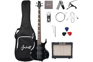 Fojill Full Size 4 Four String Electric Bass Guitar 10W Battery Power Bluetooth Amplifier Amp Beginner Starter Kit Set Combo Bundle Package Accessory Bag,Picks,Capo,Cable,Strings(Black)