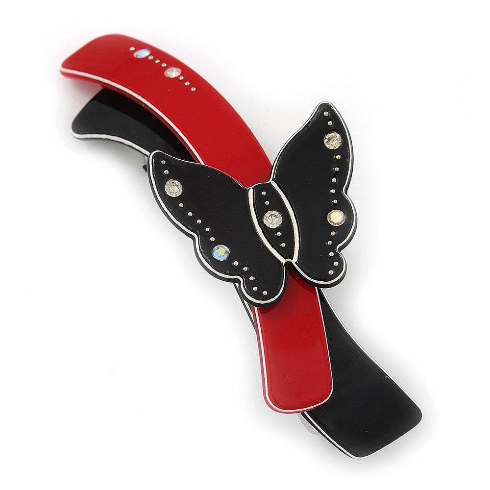 Black/Red Acrylic Crystal Butterfly Barrette Hair Clip Grip - 95mm Across