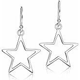 AeraVida Symmetric Shining Star Sterling Silver Celestial Dangle Earrings | Minimalist Everyday Wear | Handmade 0.87x1.38 Inch Star Earrings for Women