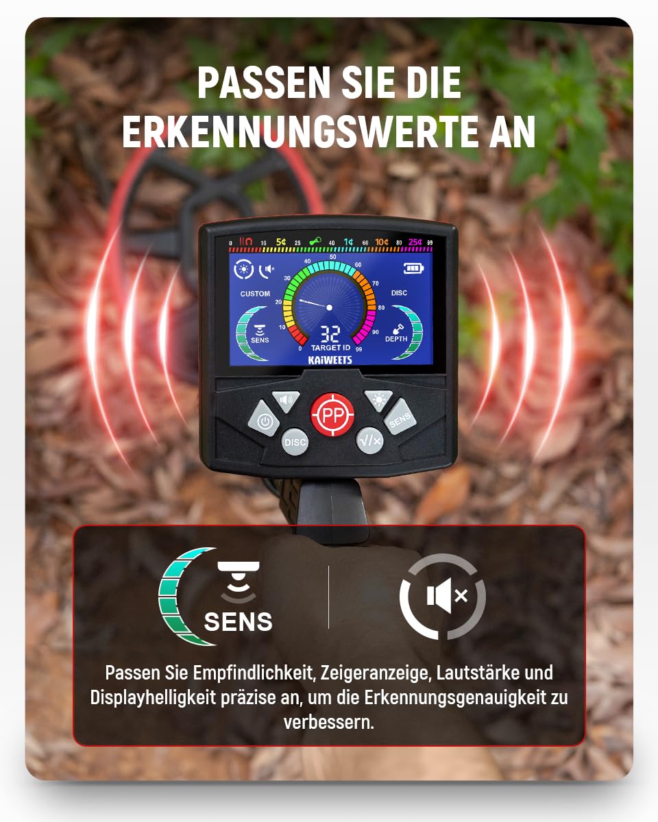 KAIWEETS Metalldetektor Profi Set, 30cm Suchtiefe, LCD Display, wasserdichte Spule, Einstellbare Empfindlichkeit, Metallsuchgerät für Erwachsene & Kinder, Metal Detector mit Zubehör 6