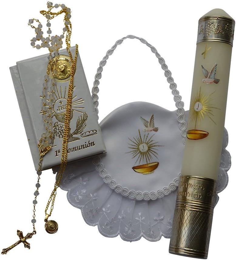 Grahmart First Holy Communion Devotional Candle Set: Bible, Rosary, Collar and Bow Tie or Alms Bag, 5 Piece Boxed Gift Set (Holy Spirit Girl)