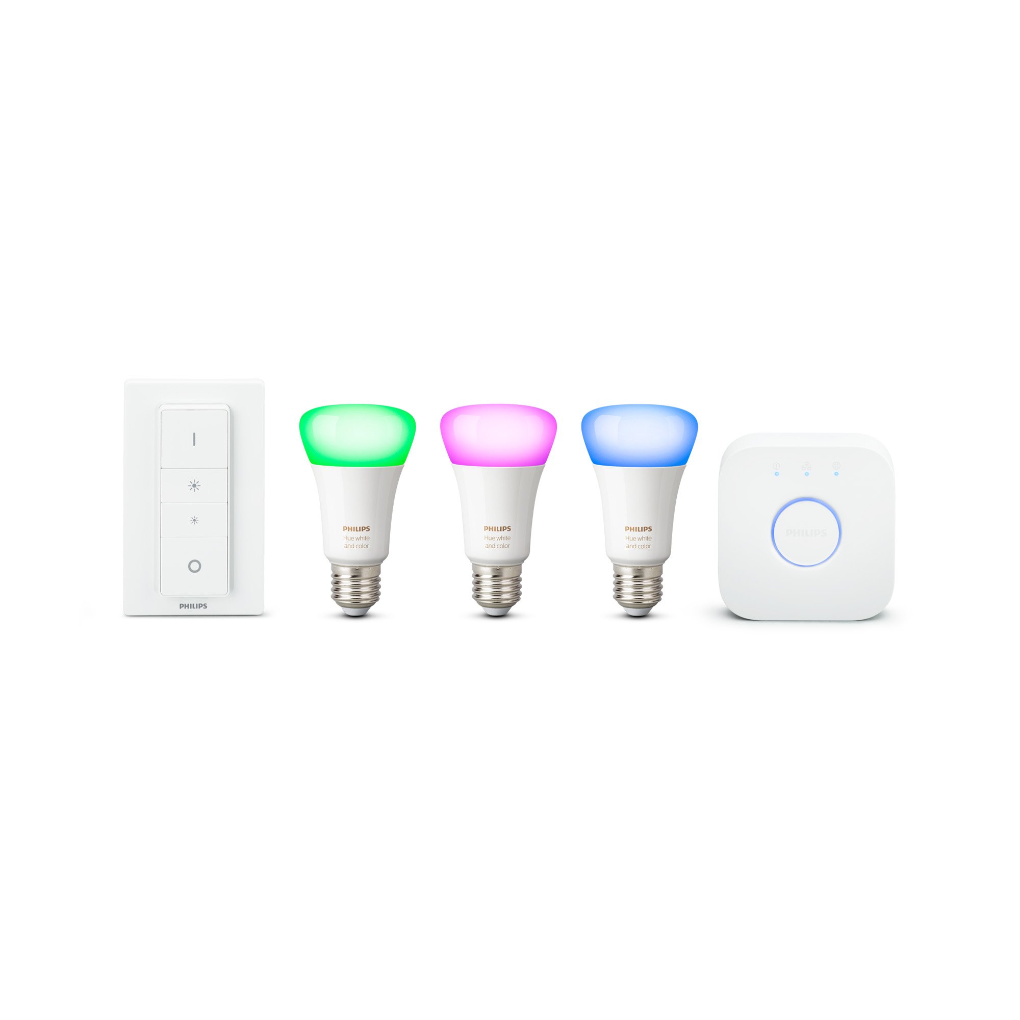 Philips Hue White & Colour Ambiance Starter Kit: Smart Bulb 3x Pack LED [E27 Edison Screw] incl. Dimmer Switch and Bridge. Works with Alexa, Google Assistant and Apple HomeKit.
