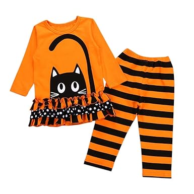 Riou Kinder Langarm Halloween Kostüm Top Set Baby Kleidung Set Kleinkind Baby Mädchen Katze Kleider Tops Gestreiften Hosen Ha