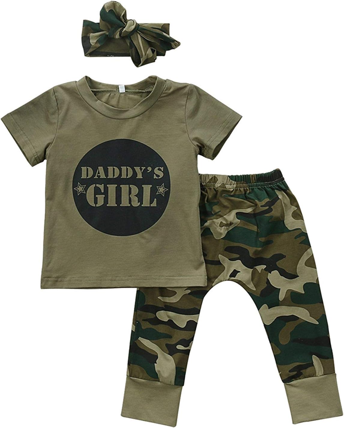 3Pcs Daddy's Baby Boy Girls Letters Print T-Shirt Top+Long Camouflage Pant+Headband Bodysuit