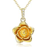 KQF 14K Real Gold Rose Flower Necklace Solid Gold Flower Pendant jewelry Birthday Gift for Women