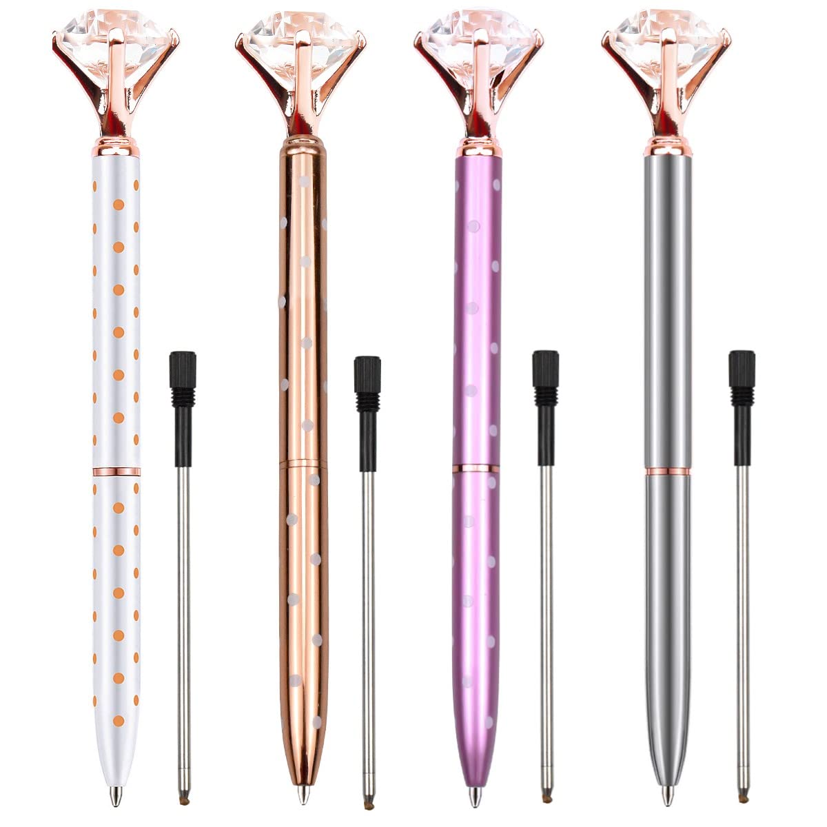 Ball Pens with Big Diamond, 4Pcs Crystal Ballpoint Pen Metal Ballpoint Pen Big Diamond Pens Fashion Ballpen Office Supplies with Refills for Women Coworkers School Stationery - 1.0mm Medium Nib