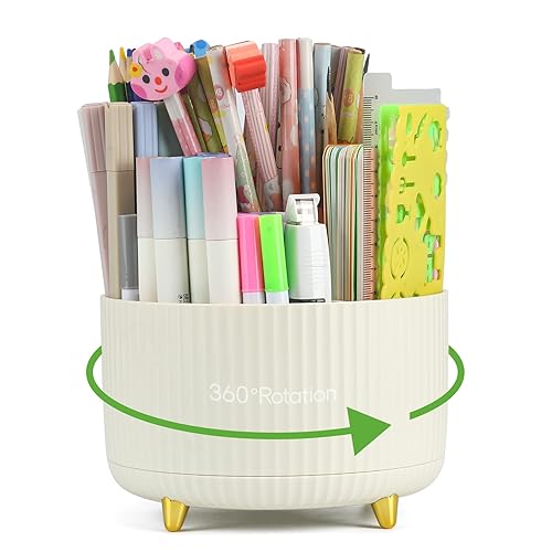 DOCMON Pen Organizer, Rotating Pen Holder Pencil Holder for Desk, Spinning Desk Organizer Makeup Brush Holder, Cute 5 Slots Pen Cup Pencil Cups for School, Office, Home (Cream yellow)