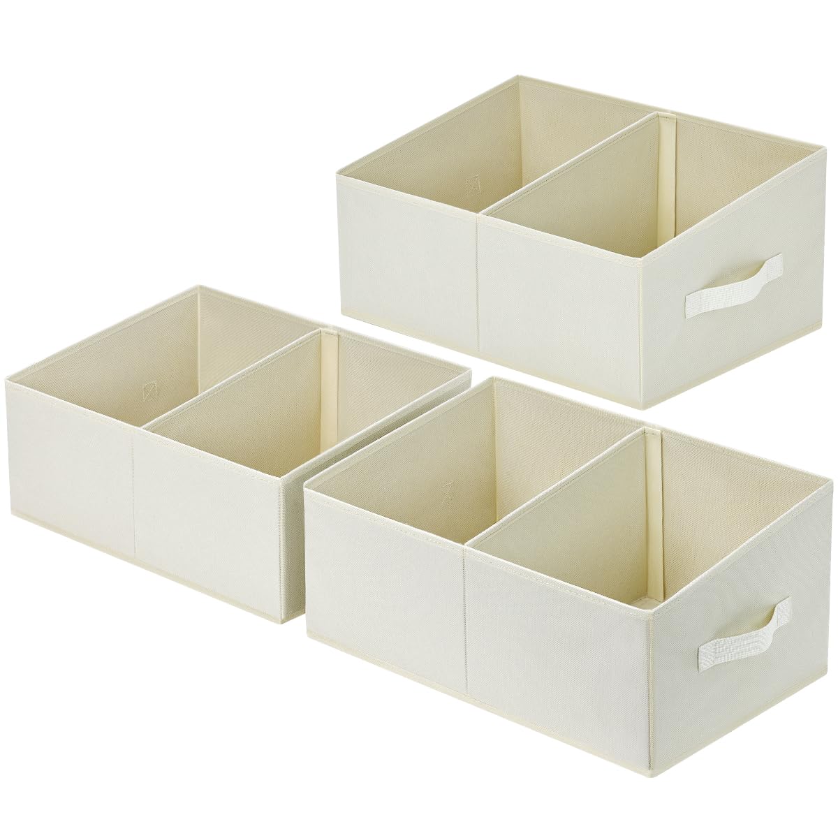 DIMJ 3 Pack Storage Boxes with Compartment, Foldable Storage Basket with Reinforced Handle, Trapezoid Fabric Wardrobe Storage Organiser Box for Clothes, Books, Toys, Closet, Shelves (Beige)