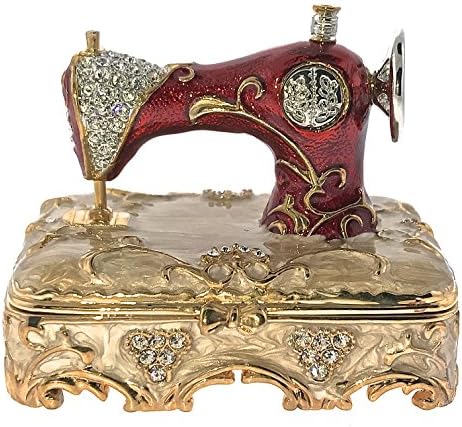 Sewing Machine Jewelry Trinket Box Bejeweled with Swarovski Crystals Enameled HInged Metal Pewter