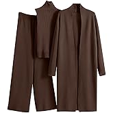 Women's 3 Piece Knit Lounge Set, Long Sleeve Cardigan Sleeveless Turtleneck Tank Top and Wide Leg Pants Matching