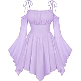 Scarlet Darkness Womens Renaissance Fairy Dress A Line Boho Corset Dress | Long Bell Sleeves Off-shoulder Dress with Pockets, Comfortable Chiffon, for Ren Fair, Pirate Medival Halloween Themed Party