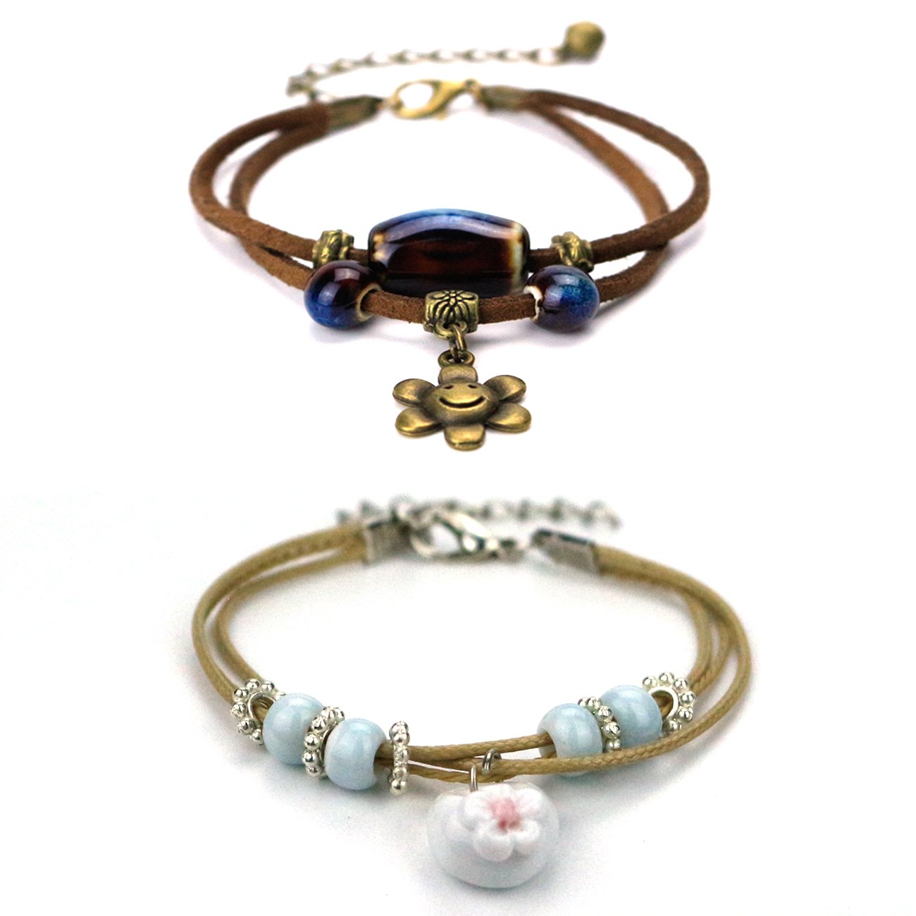 GemEwell Adjustable Handmade Vintage Tibetan Silver Ceramic Bracelets Fashion Jewelry Ceramic Beads Religious Bracelet