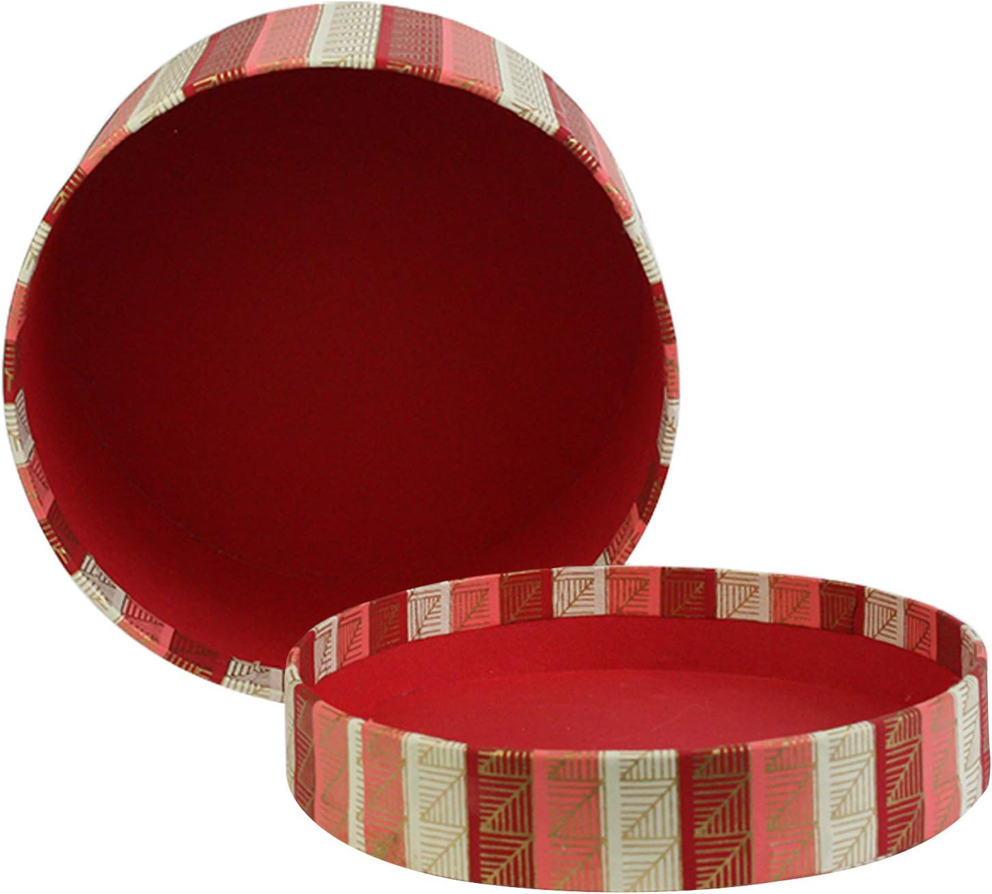 Emartbuy Round Handmade Cotton Paper Gift Box, Printed Red Pink Gold, 14 x 8.5 cm (5.5 x 3.3 in), Single Box - Printed Red Gold - Image 3