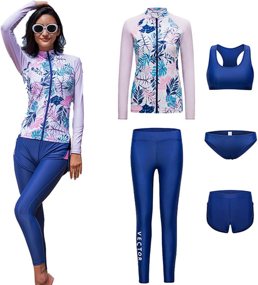 VECTOR 5Pcs Women Long Sleeve Wetsuit Swimsuit Shirt Printed Surfing Pants Diving Snorkeling Suits UPF 50+ UV Sun Protection (Cherry, M)