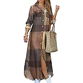 YMING Women's Long Sleeve Button Down Shirt Dress Spring Casual Maxi Dresses Loose Fit Blouse Dress with Pockets