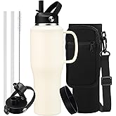 Insulated Water Bottle 32 OZ - with Straw & Pop-up Spout Lid, Keep Cold-48H Hot-12H, Stainless-Steel with handle for Women Men, Metal Flask Water Bottle Fits in Cup Holder