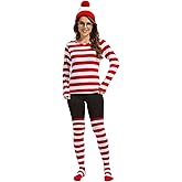 QPAXUCR 4PCS, Red and White Striped Shirt Adult Women Costume Shirt Glasses and Hat Socks Suit for Halloween Party.