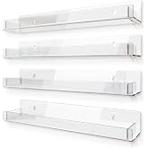 RORKIM 4 Pack 15 Inch Clear Acrylic Floating Wall Shelves, Kids Bookshel | Modern Display Rack for Nail Polish, Sunglasses, Oils, Toys &amp; Pictures