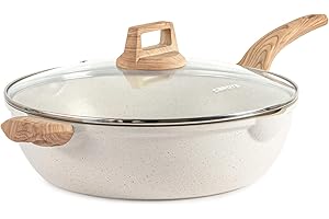CAROTE 12.5 Inch Nonstick Deep Frying Pan with Lid, 6 Qt Jumbo Cooker Saute Pan with Helper Handle, Skillet Induction Cookware, Non Stick Cooking Pan Kitchen Pan PFOA Free, White Granite