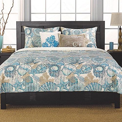 Brushed Ashore Beach House Coastal 3 Piece King Size Quilt Bedroom Set Coral Seashell Starfish Tropical Cotton! Perfect Bedding Collection for Your Beach House, Seaside Condo, or Nautical Themed Home. Bring the Seashore to Your Home!
