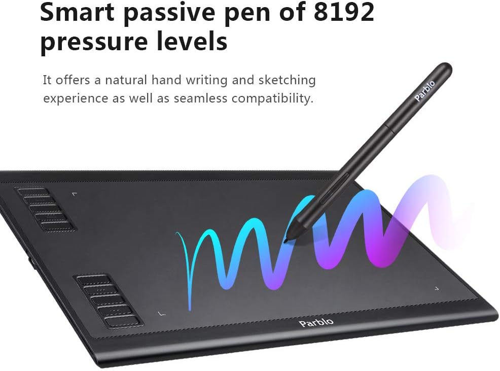 Parblo A610 Plus Drawing Tablet, 10.2 x 6.1 Inches Large Working Area Graphic Tablet, 8192 Levels Battery-Free Stylus Pen Tablet with 10 Hotkeys, Compatible with Windows Mac OS: Computers & Accessories