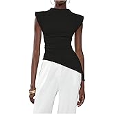 SweatyRocks Women's Asymmetrical Hem Ruched Top Shoulder Pad Fitted Sleeveless Mock Neck Shirts Going Out Chic Tops