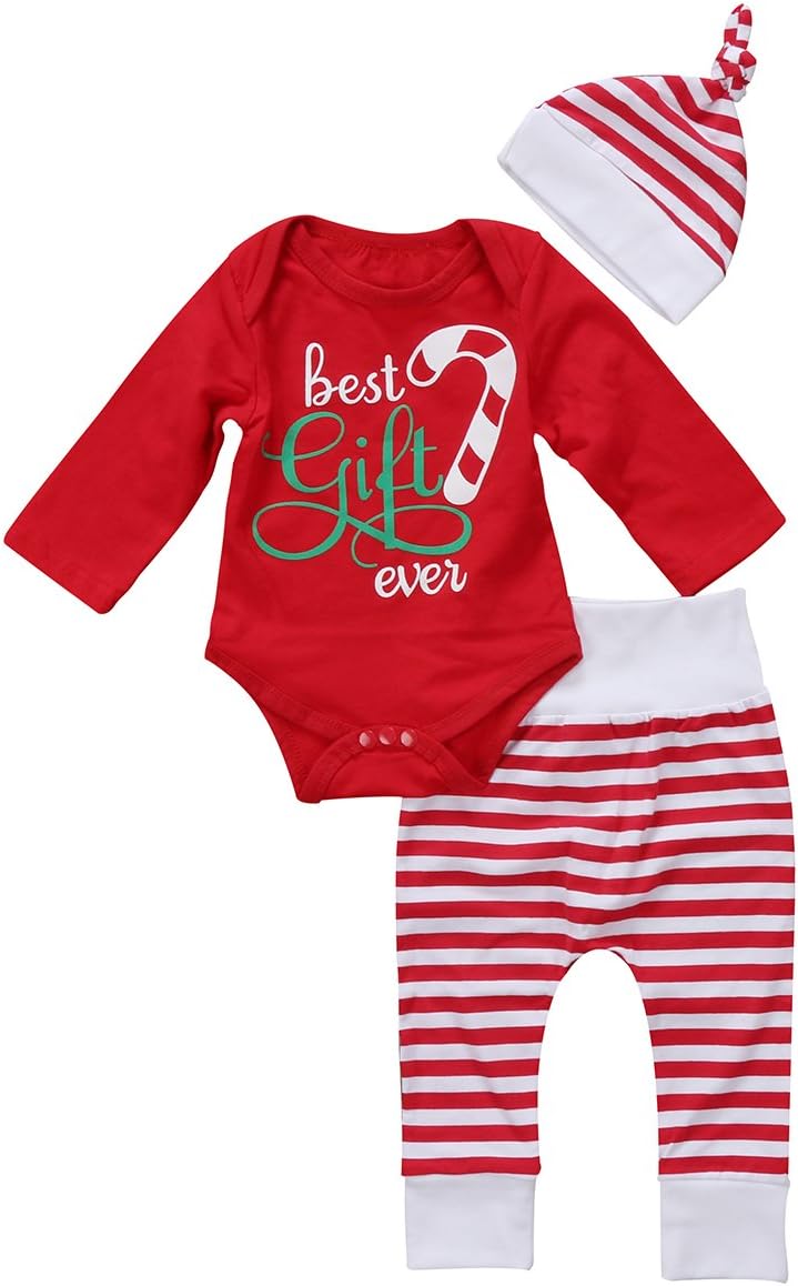 Newborn Baby Boys Girls Christmas Outfits Romper Top Red White Striped Pants and Hat 3pcs Clothes Set