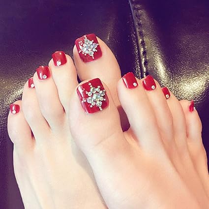 Sethexy 3d Bling Rhinestone Red False Toe Nails Wedding Square Short Full Cover 24pcs Fake Toenails Art Tips For Women And Girls Amazon Co Uk Beauty