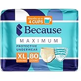 Because Premium Maximum Plus Adult Incontinence and Postpartum Bladder Leak Underwear for Women, Maximum Absorbency, Disposable, Beige, XLarge, 80 Count (4 Packs of 20)