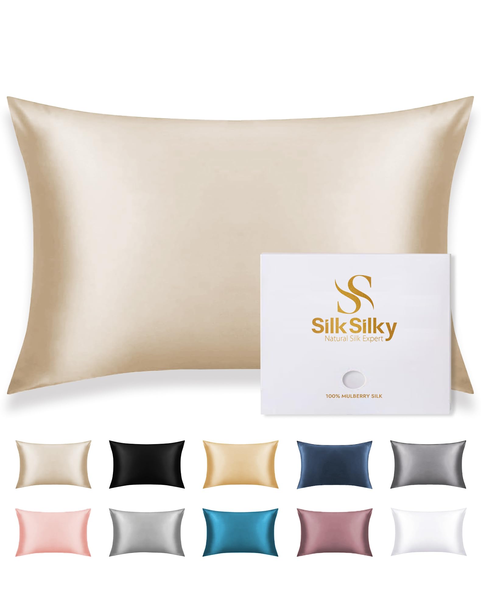 Photo 1 of SilkSilky 100% Mulberry Silk Pillowcase - Pure 22 Momme High-Grade 6A Fibers for Hair & Skin, Envelope Closure, Natural, Organic, Breathable & Cooling Pillow Case (Standard, Beige)