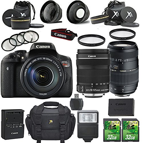 Canon EOS Rebel T6i 24.2MP DSLR Camera with Canon EF-S 18-135mm f/3.5-5.6 IS STM Lens + Tamron 70-300mm AF Lens + 2pc 32GB SD Cards + Auxiliary Lens Kit + Flash + 6pc Filter Kit + Case