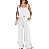 Caracilia Women Summer 2 Piece Lounge Sets Outfits Casual Matching Tank Top Wide Leg Pants Set Travel Beach Vacation Clothes