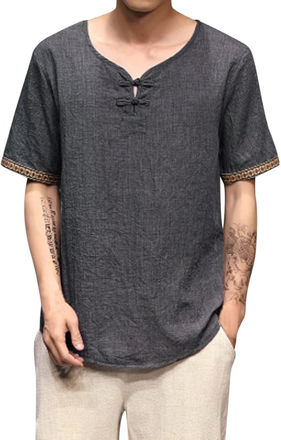 Amazon Florrita 日韓流 ストリート系 メンズ 無地 ボタン 半袖 スウェット 男子 Tシャツ 大きいサイズ かっこいいリネン エスニック 綿麻服 カジュアル トレーナー カットソー 薄手 男性 トップス ゆったり ブラウス 上着 お兄系 通勤 プレゼント Tシャツ