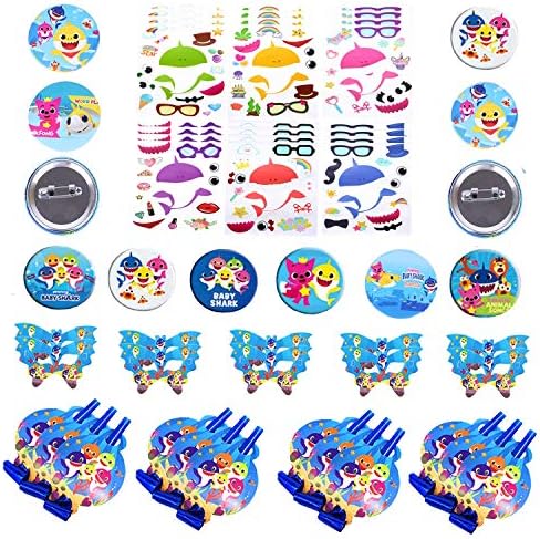 Baby Shark Party Favors, 48pcs Little Shark Theme Party Supplies included Baby Shark Stickers,baby shark masks、shark badge and Baby Cute Shark Blowout Noisemakers for kids Birthday party event