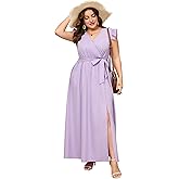 ShopWonder Women Plus Size Wrap V Neck Maxi Dress Sleeveless High Waist Side Split Summer Casual Dress with Belt