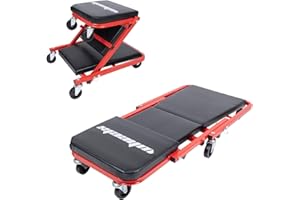 WheelX Mechanic Creeper 36 Inches 2 Modes Z Seat 340 lbs Capacity, Foldable Garage Chair Adjustable Rolling Folding with 6 pcs Wheels Roller, Lay Down or Sit, Under Car, Auto Repair Red Black Man Gift