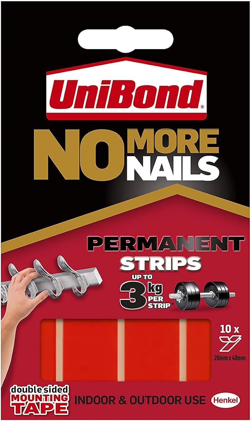 Unibond No More Nails Permanent Strips Double Sided Adhesive Tape Pack of 10