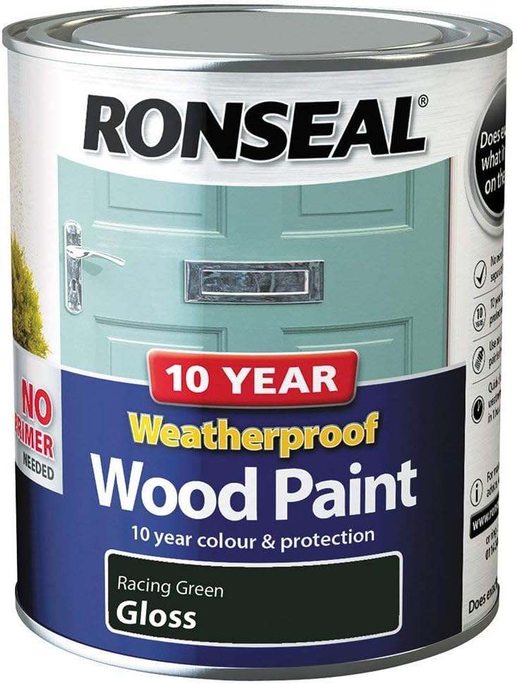Ronseal 10 Year Weatherproof 2 in 1 Wood Paint Racing Green Gloss 750ml, 750 ml (Pack of 1)