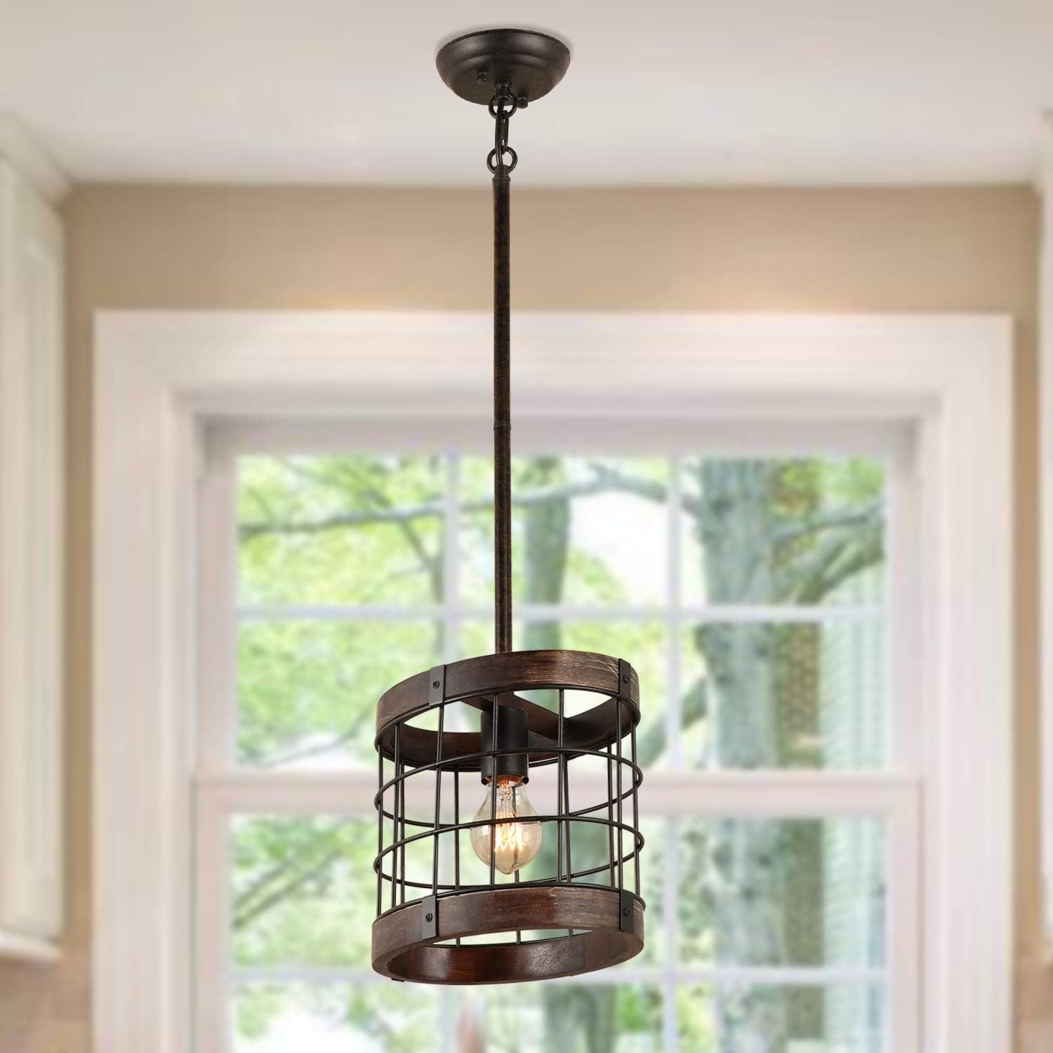 Giluta Wood Pendant Light Oval Shape Hanging Light Fixture for Kichen Island Simple 1 Light Farmhouse Style Unique Appearance, UL Listed - - 