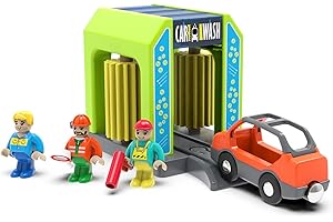 HANQIANN Car Wash Station Playset Toy for Wooden Train Track,Creative City Washer Scenes Pretend Play Toy Vehicles Train Accessory Preschool Learning Educational Toys for Toddlers Kids